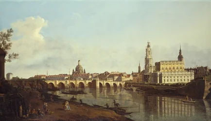 Gezicht op Dresden vanaf de rechteroever van de Elbe boven de Augustusbrucke (olieverf op doek)