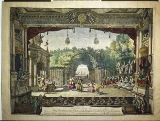Ballet Le Turc Genereux uit Les Indes Galantes van Jean-Philippe Rameau - in het Weense Burgtheater door Bernardo Belloto (Belloti) (1720-1780)