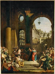 Jezus verdrijft de geldwisselaars en kooplieden uit de Tempel (schilderij op doek)