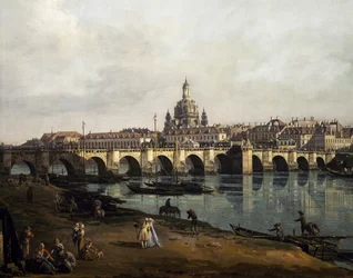 Uitzicht op Dresden vanaf de rechteroever van de Elbe stroomopwaarts vanaf de Augustusbrug, ca. 1750