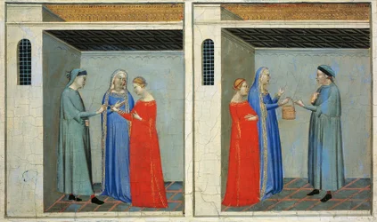 Predella met verhalen van Sacra Cintola: huwelijk van Michael ontvangt bruidsschat van Sacra Cintola
