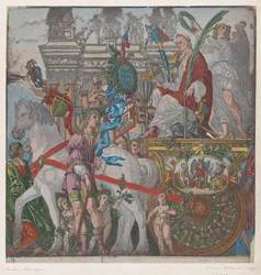 Blad 9: Julius Caesar in zijn door paarden getrokken wagen, uit De Triomf van Julius Caesar, 1599