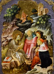 Prediking van Johannes de Doper, detail van de predella van een altaarstuk uit de kathedraal van Vic, door Bernat Martorell, geschilderd op hout. Catalaanse gotische kunst.