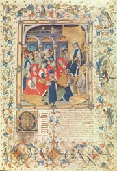 De Auteur Presenteert zijn Boek aan de Raadsleden van Barcelona in Aanwezigheid van Koningin Maria, Vrouw van Alfonso V