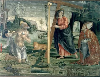 Christus draagt het kruis met St. Augustinus en St. Hiëronymus