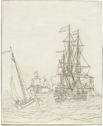 Oorlogschip en drie zeilschepen op volle zee