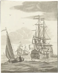 Oorlogschip en drie zeilschepen op volle zee
