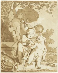 Vier druiven plukkende putti bij een vaas