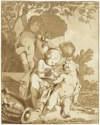Vier druiven plukkende putti bij een vaas
