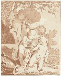 Vier druiven plukkende putti bij een vaas