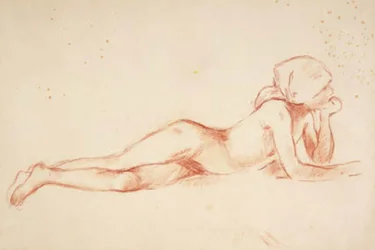 Liggende, naakte jonge vrouw met hoofddoek