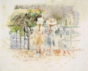 Twee kleine meisjes bij een balustrade aan het meer in de Jardin des Tuileries, Parijs