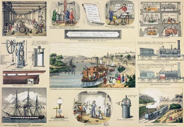 Geschiedenis van stoom, illustratie voor een educatief leerboek, midden 19e eeuw