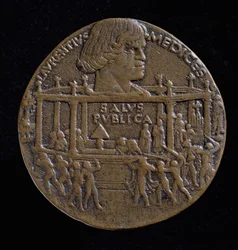 Medaille met het hoofd van Lorenzo de’ Medici (1449-92) ter herdenking van de Pazzi-samenzwering van 1478 (voorzijde)