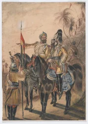 Twee bereden officieren en een afgestegen sowar, 4e Bengaalse onregelmatige cavalerie, c.1850 (aquarel)