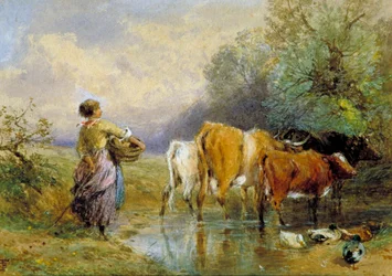 Een meisje dat vee door een stroom drijft, 19e eeuw