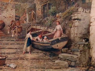 Uitzicht op Clovelly, met gestrande boot en figuren, 1882, 1935