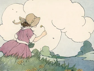 Jong meisje dat aan een wilde bloem ruikt tegen een zomerlucht