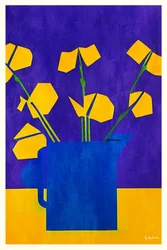 Gele bloemen, blauwe kan