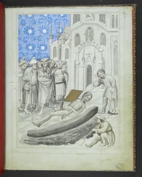 Add 24189, f.7r, De ontdekking van het graf van Hermes Trismegistus, uit het 
