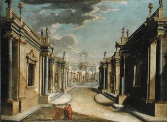 Een architectonische capriccio die het verhaal van de dochters van Minyas uitbeeldt