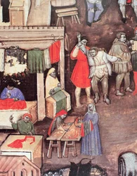 Textielhandelaren op een markt, uit het manuscript 