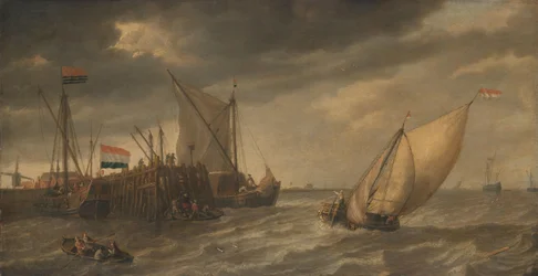 Reizigers ontschepen bij een steiger aan de Schelde in sterke wind