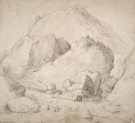 Bergachtig landschap met figuur te paard op de voorgrond