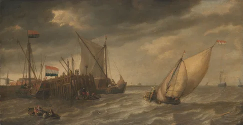 Reizigers ontschepen aan een steiger op de Schelde bij harde wind