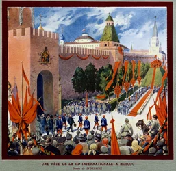 Een viering van de Derde Internationale in Moskou. De Derde Internationale (of Komintern of Communistische Internationale) werd opgericht op 2/03/1919. Tekening van Boris Zvorykin (1872-1935). Instituut voor Sociale Geschiedenis, Montreuil
