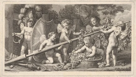 Zes putti spelen met de wapens van Mars, vier houden een grote lans vast