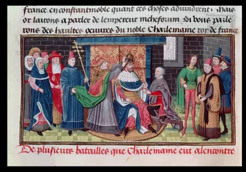 Ms 5089-90 De kroning van keizer Karel de Grote (747-814) door paus Sint-Leo III (gest. 816) op kerstavond 800 n.Chr., uit Chroniques des Empereurs van David Aubert, 1462