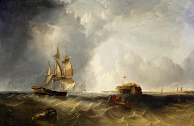 Een zeilschip en een roeiboot voor Calais