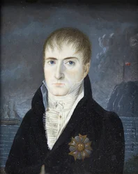 Keizer op het eiland Sint-Helena - Portret van keizer Napoleon I met onbedekt hoofd, in zwart kostuum, met de ster van grootadelaar van het Legioen van Eer - Portret van Napoleon Bonaparte op het eiland Sint-Helena door Captain Dodgin (actief)