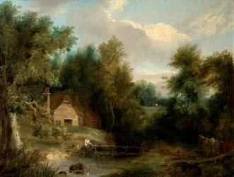Landschap, huisje en een stroom met een figuur en een huis
