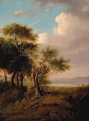 Landschap, bomen op de voorgrond, meer en heuvels in de verte