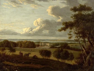 Landschap nabij de kust (zicht op een herenhuis met de zee in de verte)