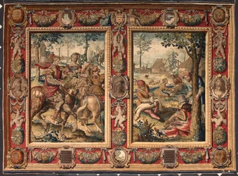 Maand mei en juni: "jacht en scheren van schapen" Wandtapijt van de manufacturen van Mortlake. 17e eeuw Genua, Musei di Strada Nuova