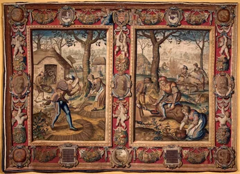 November en December: landbouwarbeid en varkensslacht Tapijt van de manufacturen van Mortlake. 17e eeuw Genes, Musei di Strada Nuova