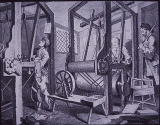 Weven in Spitalfields, Londen (gravure)
