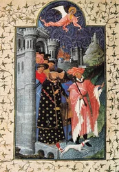 Le duc Jean de Berry et son administrateur de biens. Miniatuur van Jean Limbourg voor 