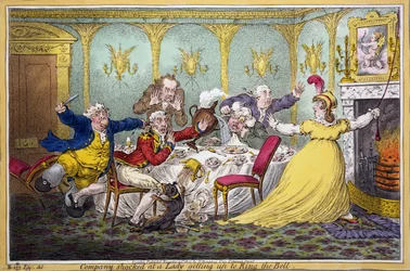 Gezelschap geschokt door een Dame die opstaat om de Bel te luiden, pub. H. Humphrey, Londen, 1804