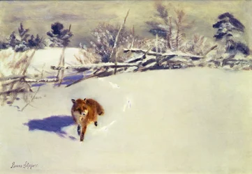 Een vos in de sneeuw (olieverf op doek)