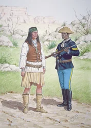 Een Chiricahua Apache krijger en een korporaal van het 10e regiment Amerikaanse cavalerie in 1886, uit een set van zes tableaus
