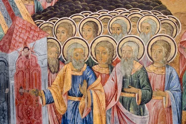 Bulgarije, Rila Klooster, fresco in de kerk van de Geboorte van de Maagd