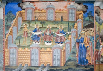 Bulgarije, Rila-klooster, fresco in de kerk van de Geboorte van de Maagd