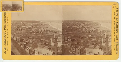 Stereograaf van het uitzicht naar het noorden vanaf de Water Tower na de Chicago-brand van 1871, 1871