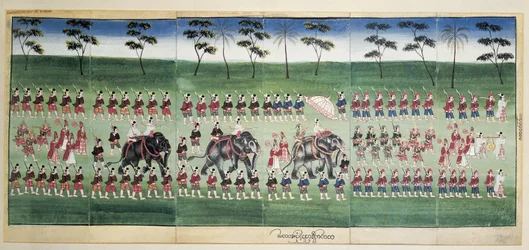 Schilderij van Koning Mindom op parade, Myanmar