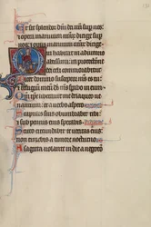 Beginletter O: Christus op een troon met een draak en een leeuw aan zijn voeten