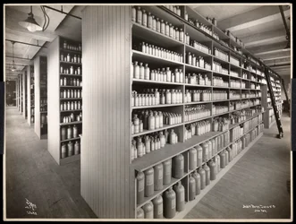 Interieur van een chemische opslagruimte bij Parke, Davis en Co., chemici, Hudson en Vestry Streets, New York, 1910